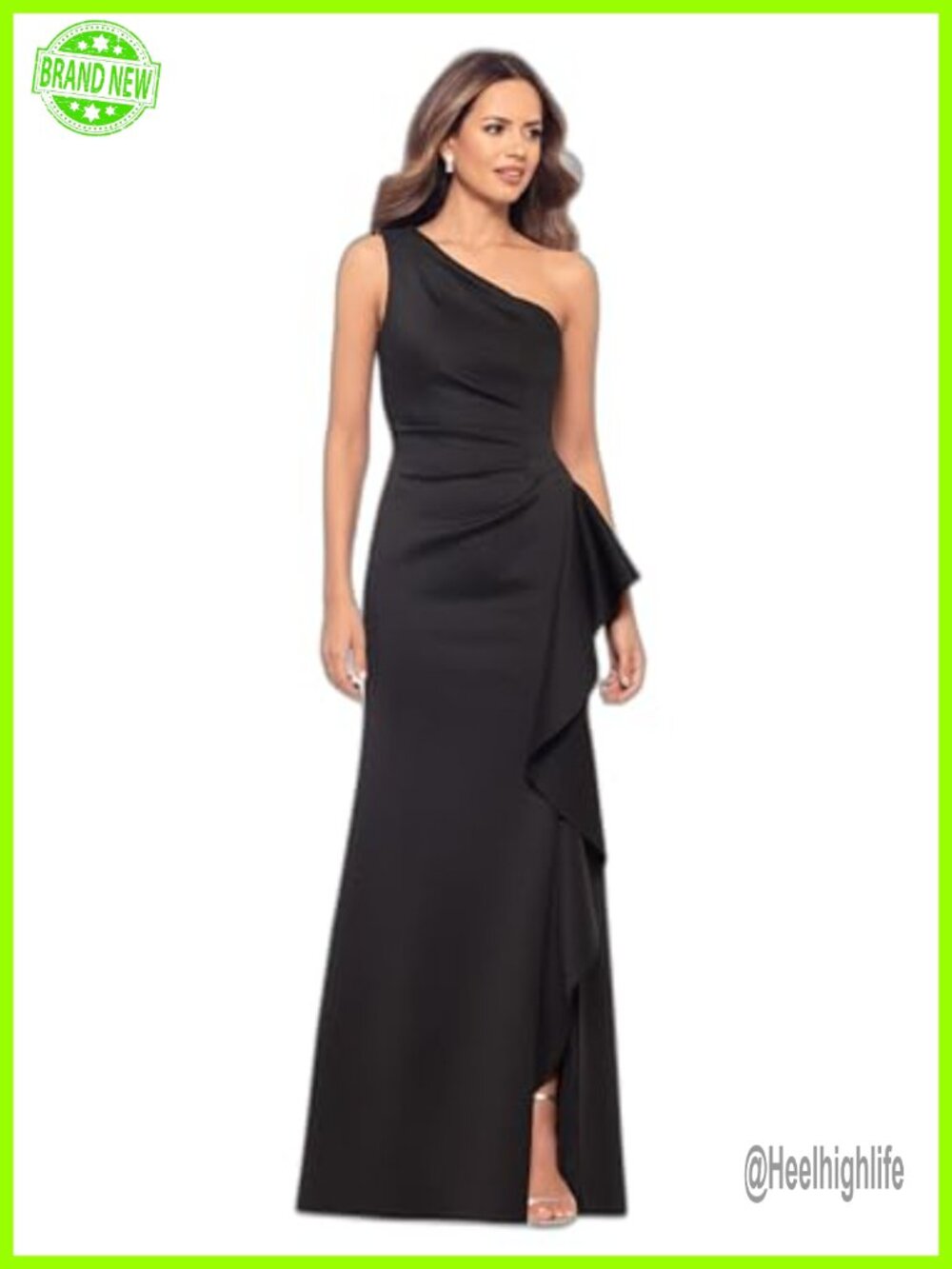 One-Shoulder Floor Length Ruched Ruffle Bodice Evening Dress Side Slit